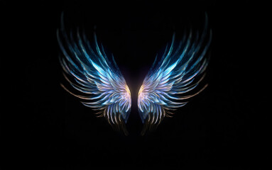 A pair of glowing blue and orange angel wings against a dark background.