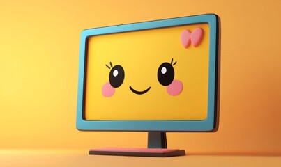 3D cartoon computer monitor with a cute, smiling face on the screen, tech and friendly