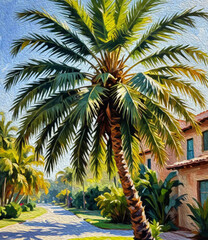 Fototapeta premium Palm tree. Oil painting. Pattern for printing on wall decorations, fabrics, for use in graphics.