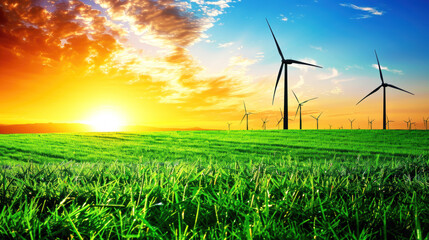 Vibrant Sunset Over Wind Turbines in Green Field