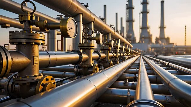 Industrial Pipelines in Petrochemical Facility at Sunrise

