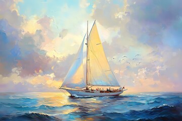Fototapeta premium Sailing boat with white sails on the sea, oil painting, light blue sky, light yellow sail and people inside the yacht, waves in front of it, seagulls flying around
