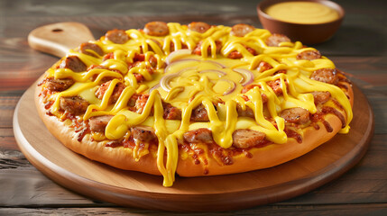 Fototapeta premium Cheesy Pizza Slice with Rich Tomato and Onion Toppings, Gooey Cheese Dripping, Vibrant Colorful Food Presentation.