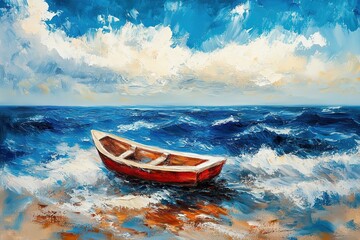 A simple oil painting of the ocean, with a horizon line and a blue sky dotted with white clouds.