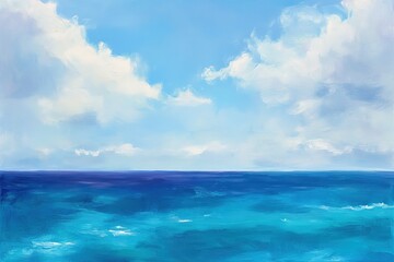 Obraz premium A simple oil painting of the ocean, with a horizon line and a blue sky dotted with white clouds.