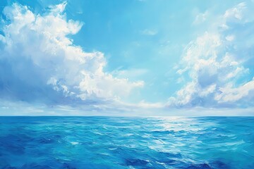 Obraz premium A simple oil painting of the ocean, with a horizon line and a blue sky dotted with white clouds.