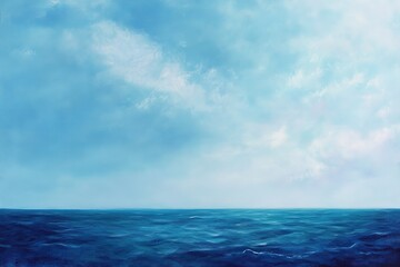 Obraz premium A simple oil painting of the ocean, with a horizon line and a blue sky dotted with white clouds.