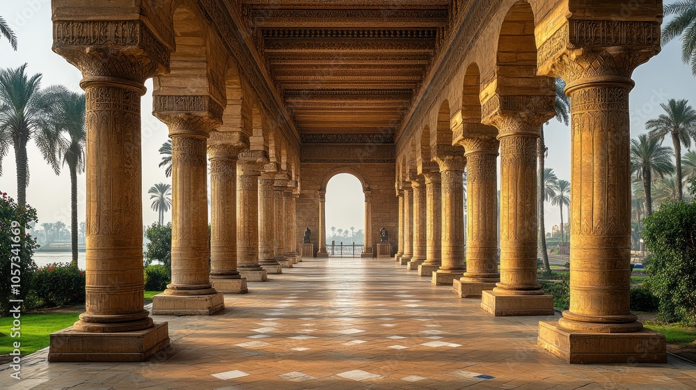 Poster elegant colonnade with palm trees and archway in a serene setting.