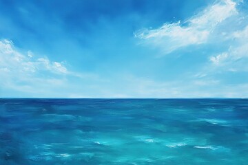 Fototapeta premium A simple oil painting of the ocean, with a horizon line and a blue sky dotted with white clouds.