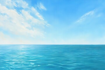 Obraz premium A simple oil painting of the ocean, with a horizon line and a blue sky dotted with white clouds.
