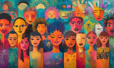 Obraz premium Colorful illustration of a diverse group of stylized people with various ethnicities, ages, and styles, representing inclusivity and community in a vibrant, abstract setting