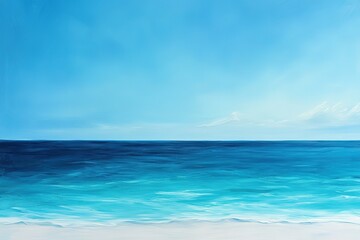Obraz premium A simple oil painting of the ocean, with a horizon line and a blue sky dotted with white clouds.