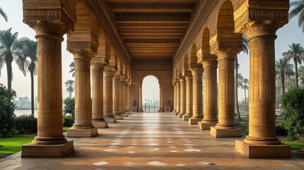 Fototapeta premium Elegant colonnade with palm trees and archway in a serene setting.
