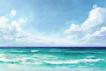 Fototapeta premium A simple oil painting of the ocean, with a horizon line and a blue sky dotted with white clouds.
