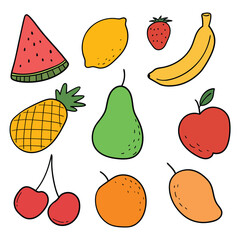 Hand drawn cartoon fruits set on white background. Healthy eating.