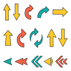 Hand drawn cartoon set of colored arrows on a white background.
