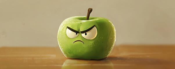 Angry green apple cartoon with expressive face