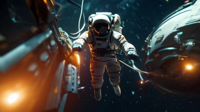 An astronaut flies in zero gravity near a spaceship. Cosmonautics Day