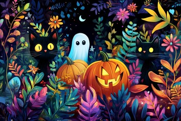 Whimsical Halloween Garden with Pumpkins and Cats - AI generated illustration
