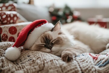 A cozy cat in a Santa hat peacefully sleeps among festive Christmas decorations and wrapped gifts.