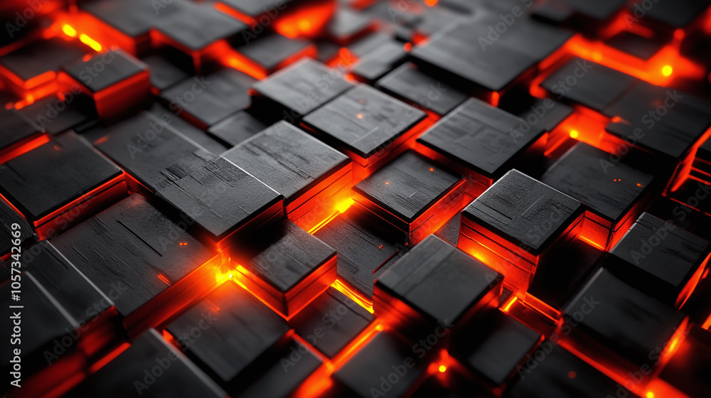 Poster glowing lava-inspired abstract composition with textured black blocks and dynamic illumination