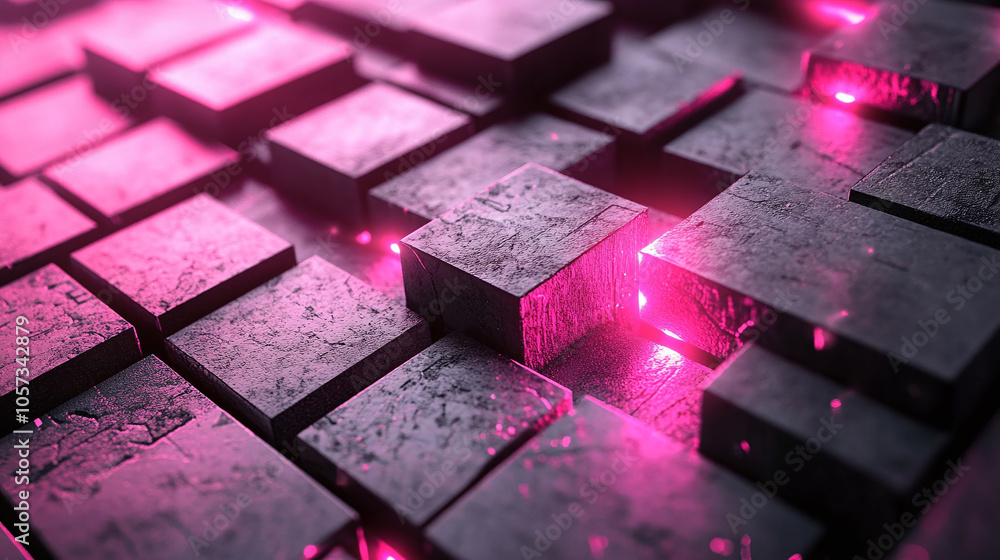 Poster exploration of glowing pink-lit blocks creating a futuristic texture in a dark environment
