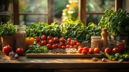 A vibrant display of fresh vegetables and herbs on a wooden table.