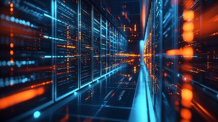 Digital data center with glowing orange and blue lights