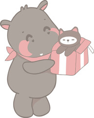 Cute Pygmy Cartoon Hippo with Gift Box and Cat.svg