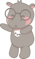 Cute Pygmy Cartoon Hippo with Glasses and Bubble Tea.svg