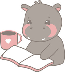 Adorable Pygmy Hippo Character Enjoying a Book and Coffee.svg