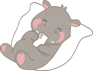 Adorable Pygmy hippo character lying on a pillow, using a smartphone.svg
