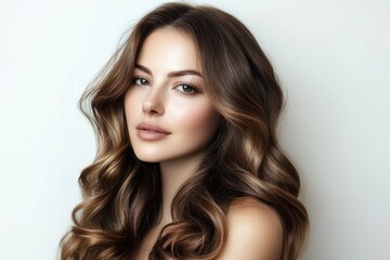 Fototapeta premium Elegant Hairstyle of Young Woman With Curls Made in Beauty Salon, White Background