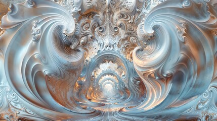 Surreal Abstract Hallway with Flowing Metallic Waves and Arch-like Structures in Blue and Copper Tones
