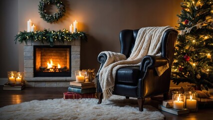 A cozy room with a fireplace, an armchair, and a beautifully decorated Christmas tree, creating a warm and inviting holiday atmosphere