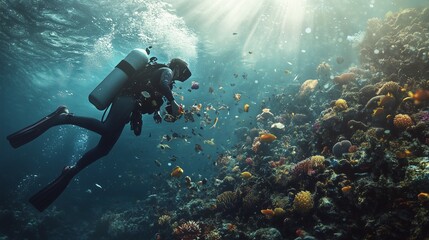 Scuba diver exploring vibrant coral reef teeming with colorful fish in clear tropical waters under sunlight