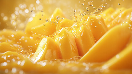Fresh mango pieces bursting with juice droplets