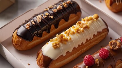 Three donuts with different toppings, one with chocolate, one with nuts