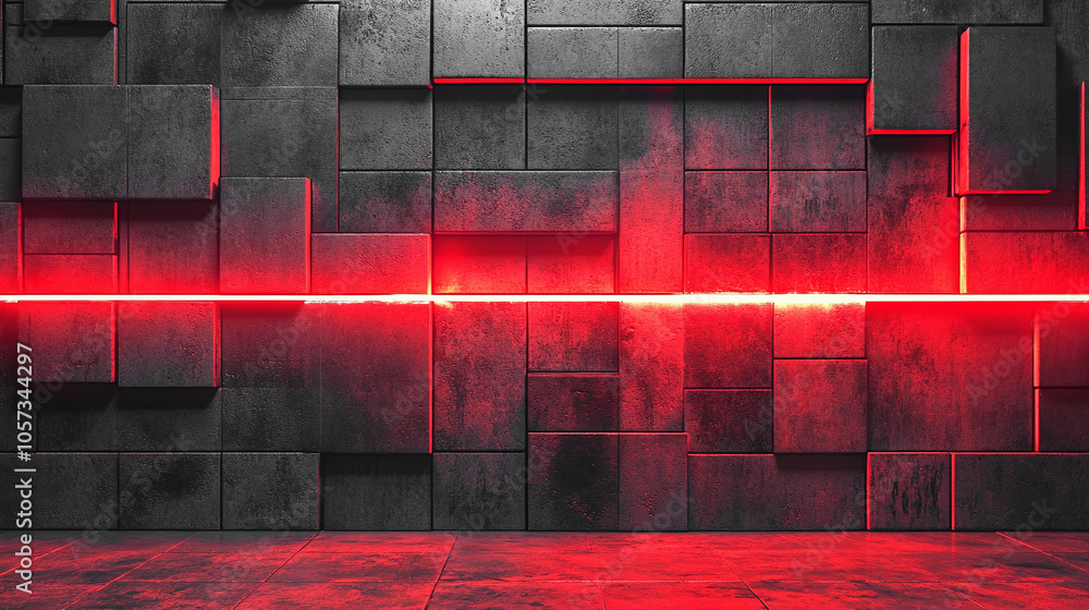 Poster dynamic red light slicing through textured black panels in an abstract indoor space