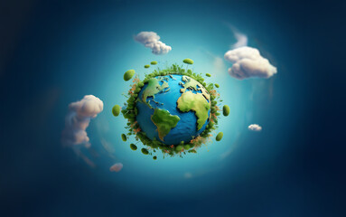A 3D cartoon rendition of planet Earth with clouds and greenery surrounding it against a blue sky.