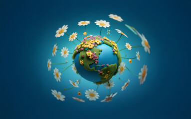 Naklejka premium A 3D illustration of the Earth, with a green landmass and blue water, surrounded by a circle of daisies. The Earth is blooming with flowers, symbolizing nature's beauty and the importance of protectin