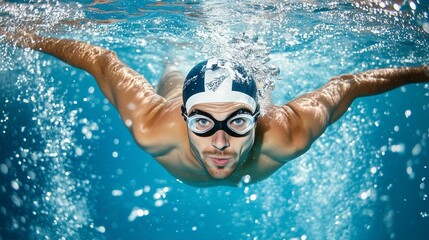 Fototapeta premium Professional swimmer gliding underwater in streamlined pose with bubbles in clear blue water