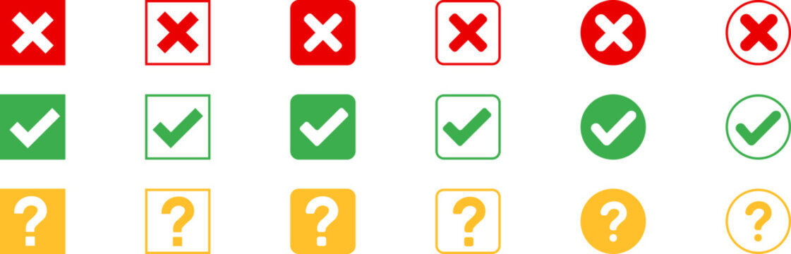 Cross check mark exclamation mark on white background. Isolated vector sign symbol. Set of check mark or exclamation mark icons. Flat vector icon. Test question. EPS 10