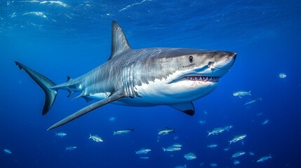 Obraz premium Great white shark swimming in open blue ocean surrounded by fish in a powerful underwater scene