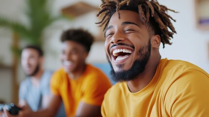 Three friends are gathered together, playing video games and sharing lively laughter, creating a warm and joyful atmosphere enhanced by their vibrant yellow shirts.