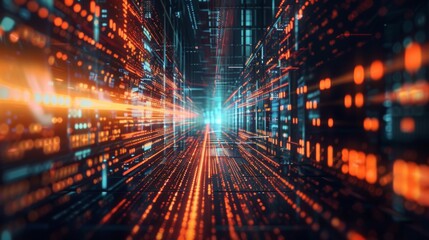 Digital data corridor with glowing orange and blue lights