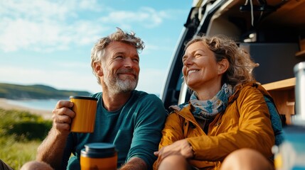 A happy couple sits by their van, drinking coffee, and sharing joyful moments. They are surrounded by lush green landscapes with the beach visible in the background.