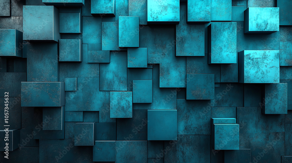Poster dynamic composition of textured teal cubes layered in an abstract geometric design