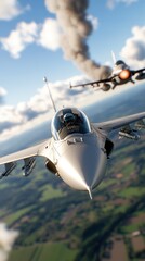 Dramatic clouds dazzle as fighter jets fly in tandem, their smoke trails illuminated by the setting sun, depicting an image of teamwork and aerial elegance.