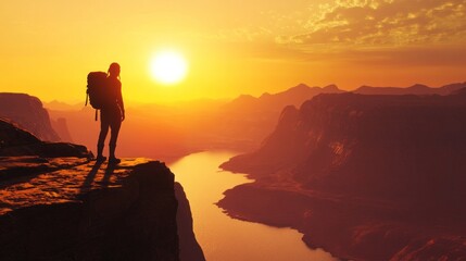 Silhouette of a Woman Hiking in a Majestic Mountain Valley